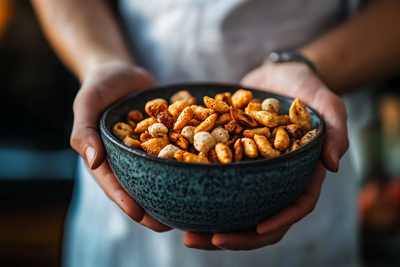 ngredients for Chex Mix, including Rice Chex, Corn Chex, pretzels, nuts, and seasoning.