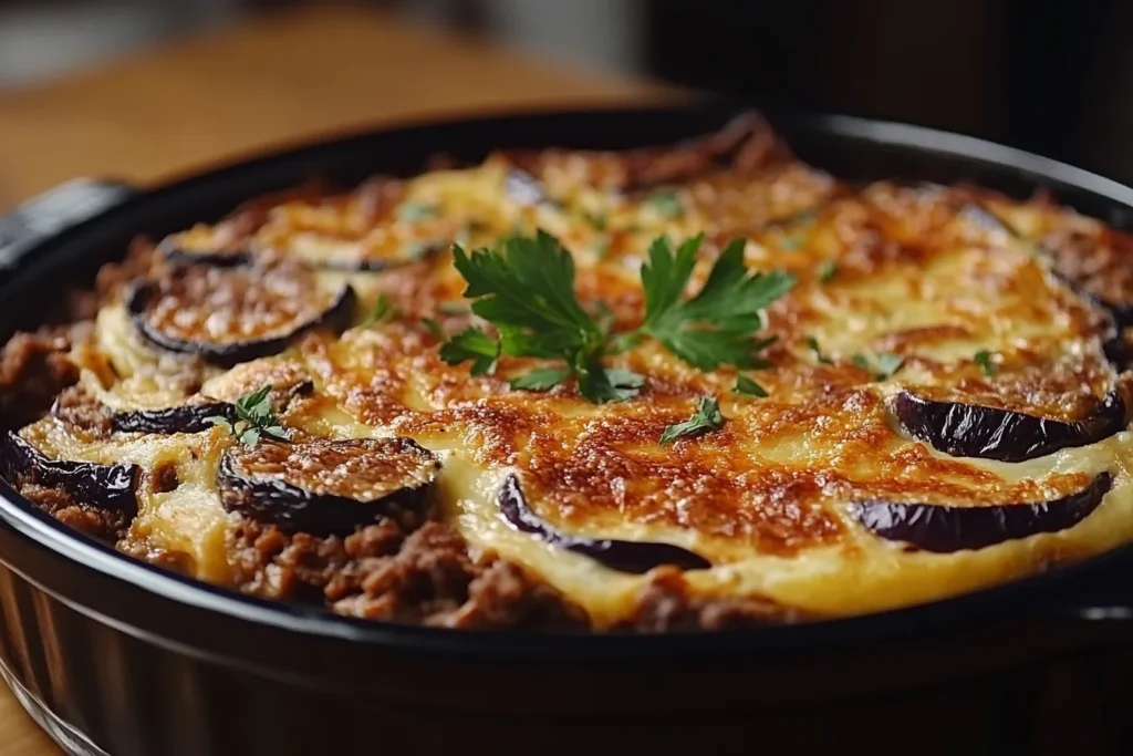 Moussaka, a layered eggplant and meat dish, showing what is Greece's most popular food.