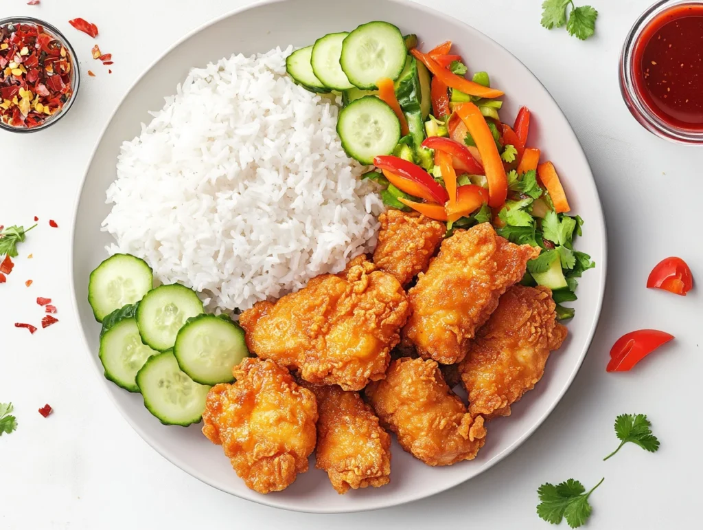 A delicious plate of crispy orange chicken with a side of jasmine rice, stir-fried vegetables, and a refreshing cucumber salad.