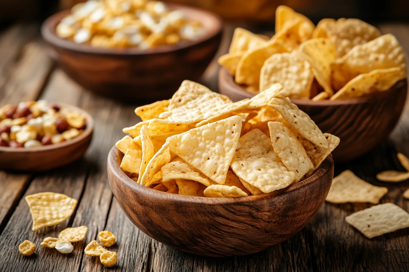 A selection of Chex Mix ingredients, including cereals, pretzels, and nuts, displayed on a kitchen counter.