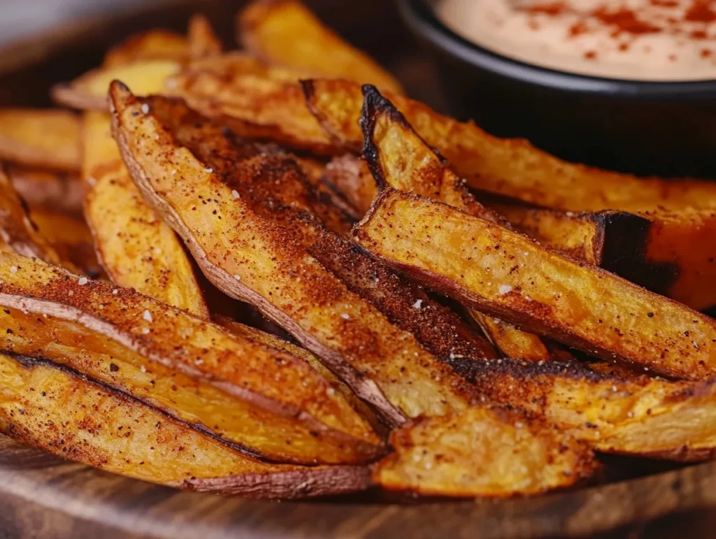 A plate of crispy, golden-brown baked sweet potato fries seasoned with paprika and served with spicy mayo dip.