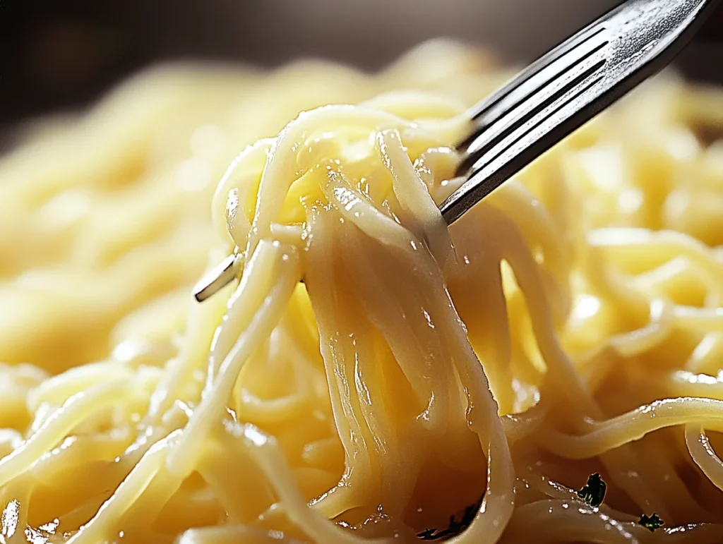 A fork lifting perfectly cooked al dente pasta from a boiling pot of water.