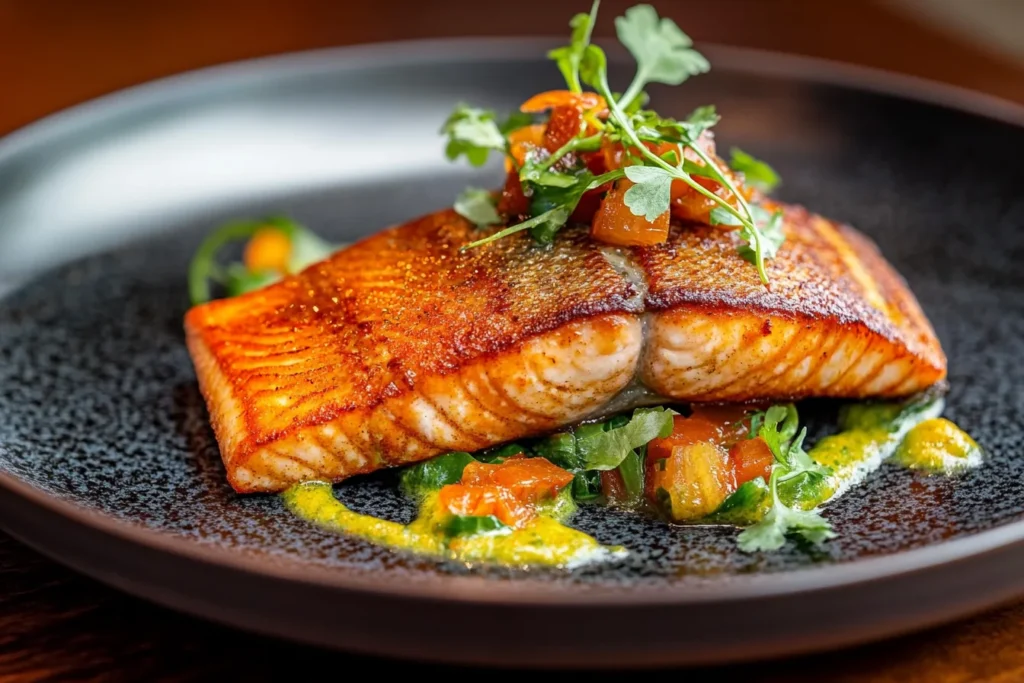 A deliciously baked trout fillet topped with lemon slices and fresh herbs on a baking tray