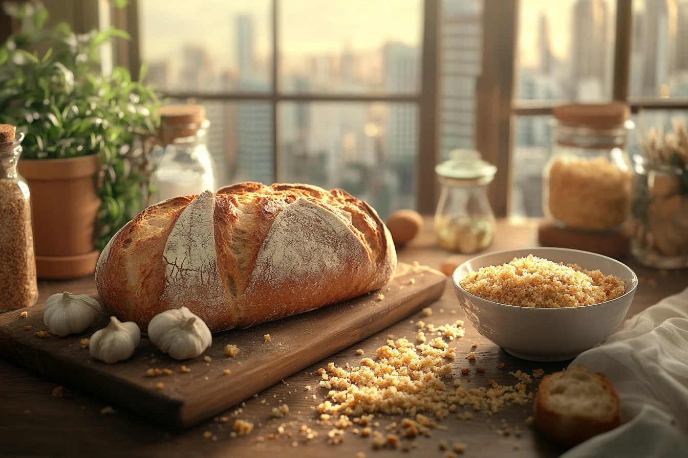 A fresh loaf of bread alongside a bowl of golden bread crumbs on a rustic wooden table