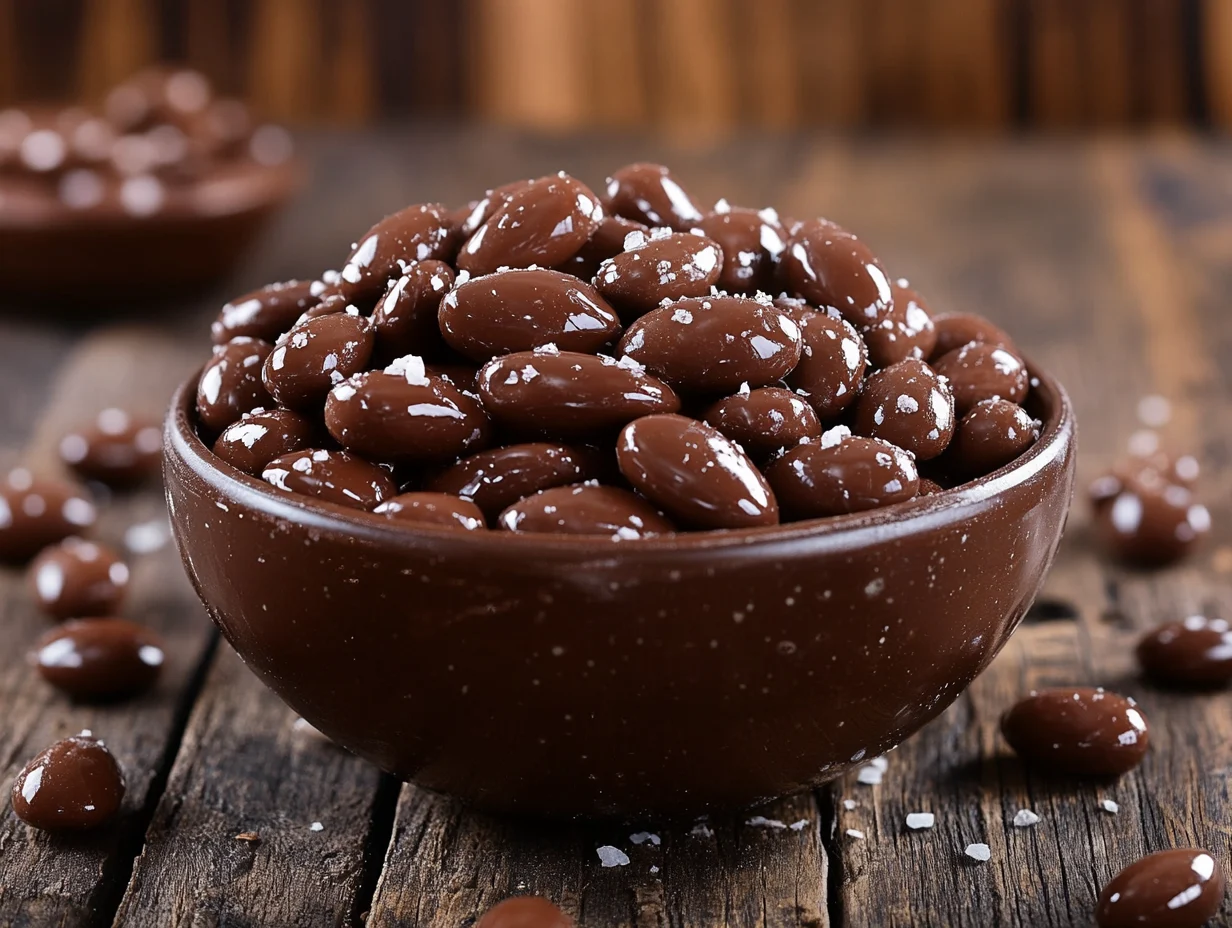 A bowl of chocolate covered almonds with dark and milk chocolate coating, garnished with cocoa powder and sea salt.