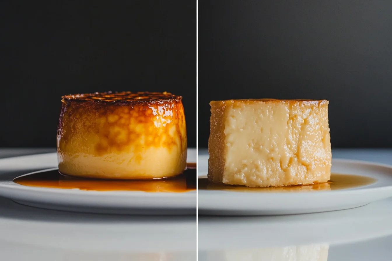 A ramekin of crème brûlée and a slice of flan on a plate, side by side.