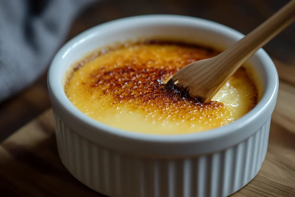 beautifully caramelized crème brûlée in a white ramekin.