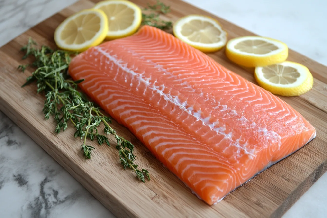 A fresh steelhead trout fillet on a wooden cutting board with herbs.