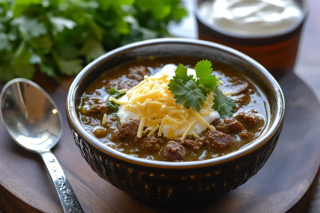 A bowl of venison chili topped with shredded cheese, sour cream, and chopped cilantro.