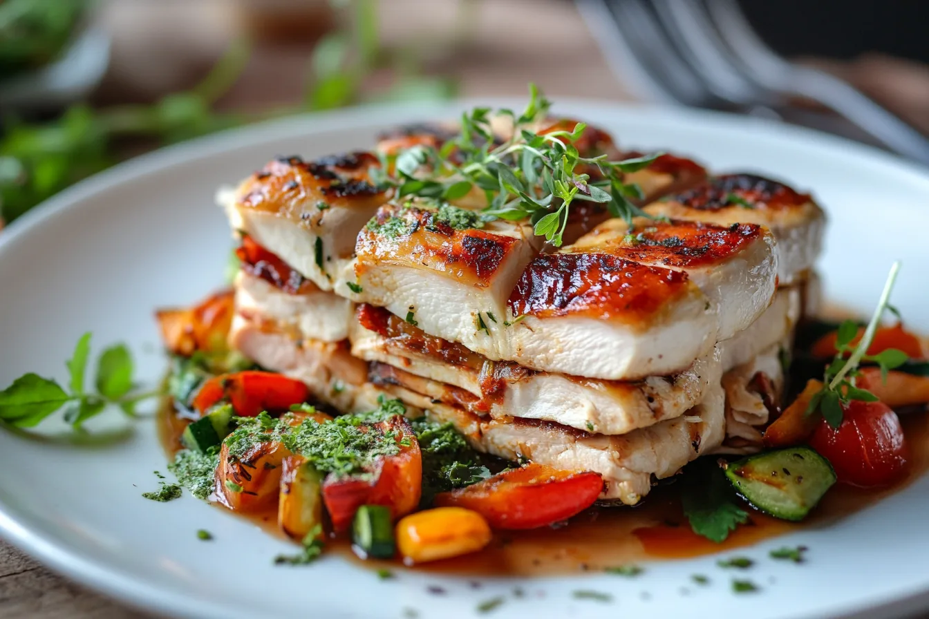 A beautifully plated rotisserie chicken with a garnish of fresh herbs and roasted vegetables.