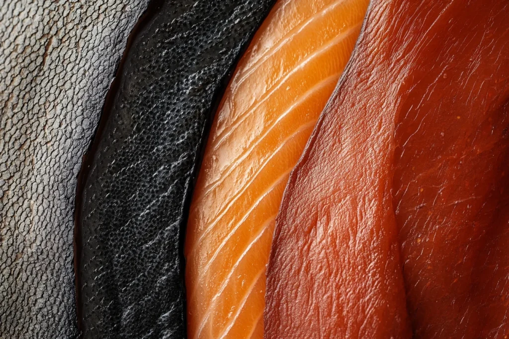 A fillet of steelhead trout next to a salmon fillet on a wooden cutting board.