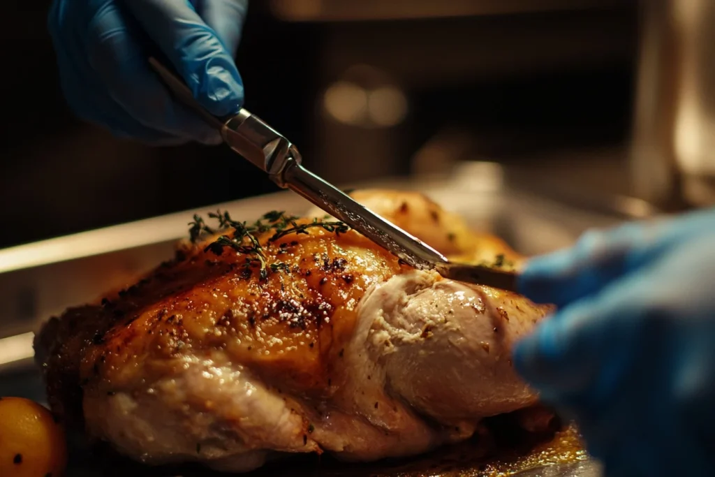 Turkey injection recipe being used with a butter herb mixture in a syringe on raw turkey.