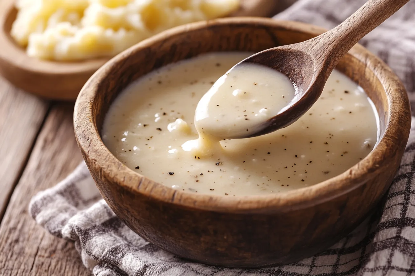 White gravy made with cornstarch served in a small bowl.