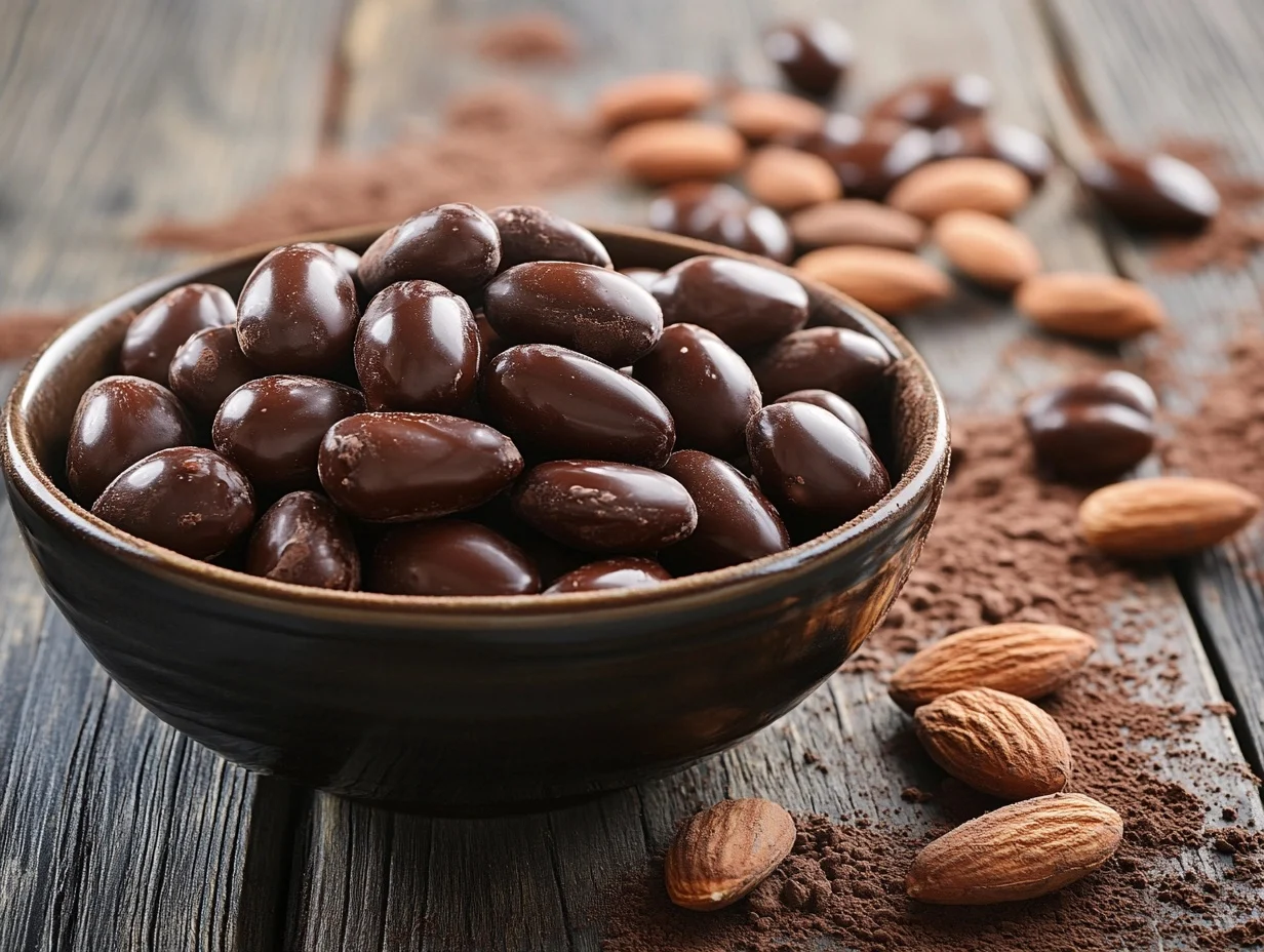 A bowl of dark chocolate covered almonds placed on a wooden table with a healthy snack sign.