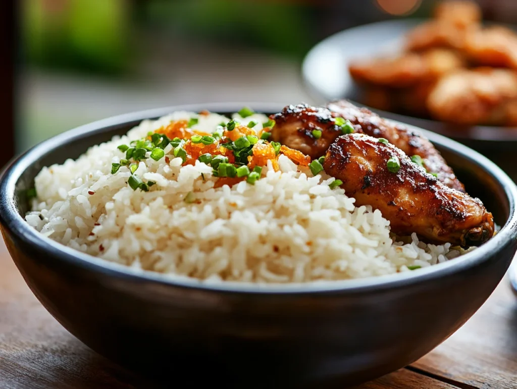  A bowl of fluffy, aromatic steamed jasmine rice served alongside crispy orange chicken.