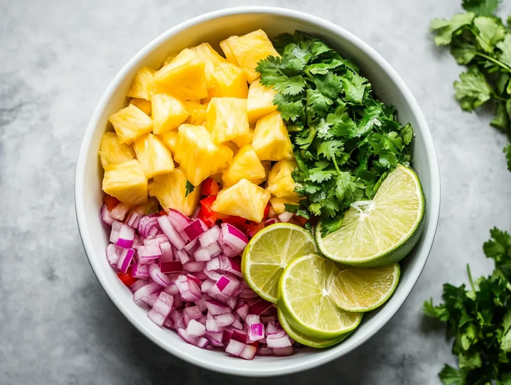  A bowl of colorful pineapple salsa with diced pineapple, red onions, cilantro, and lime.