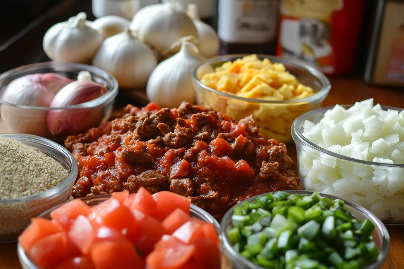 Fresh ingredients for deer chili, including diced venison, onions, spices, and tomatoes.