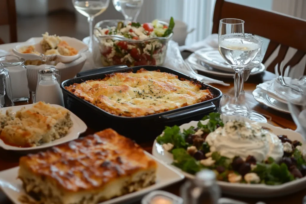 A traditional Greek dinner table with various dishes like moussaka, Greek salad, and tzatziki.