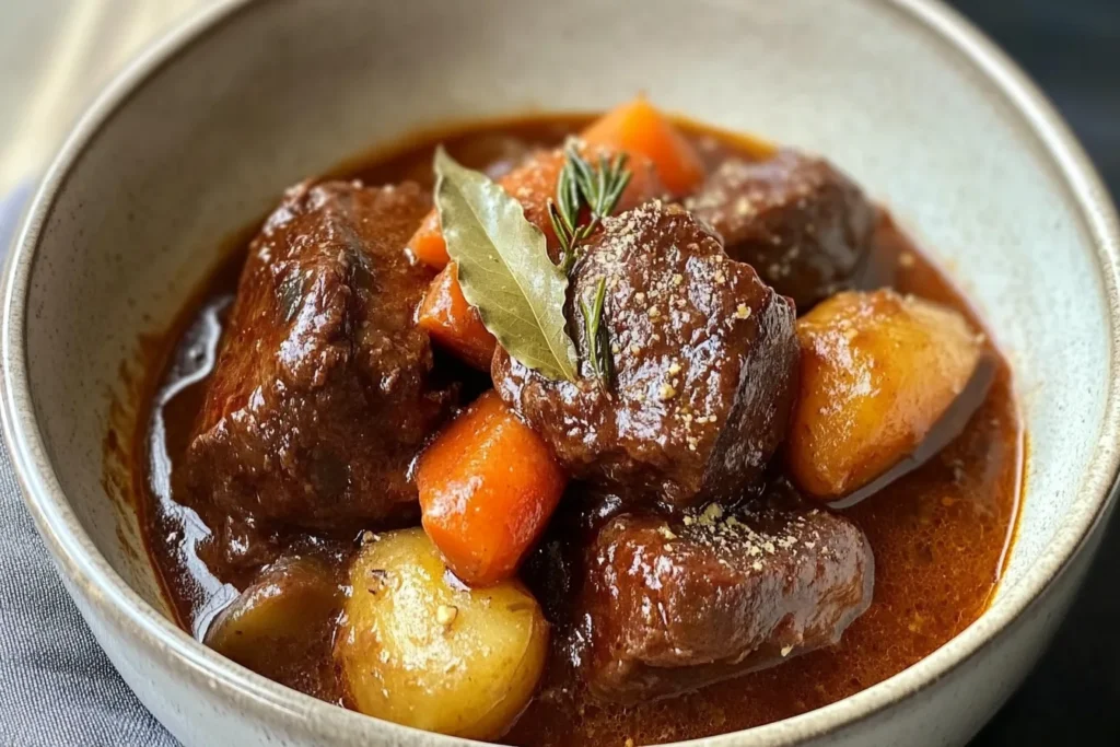 A bowl of venison stew with vegetables and herbs like bay leaves and allspice.