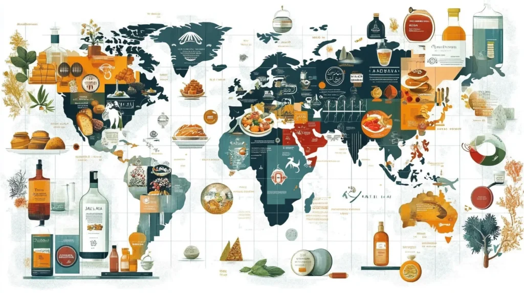 Illustration of global halal food trends with certification logos 
