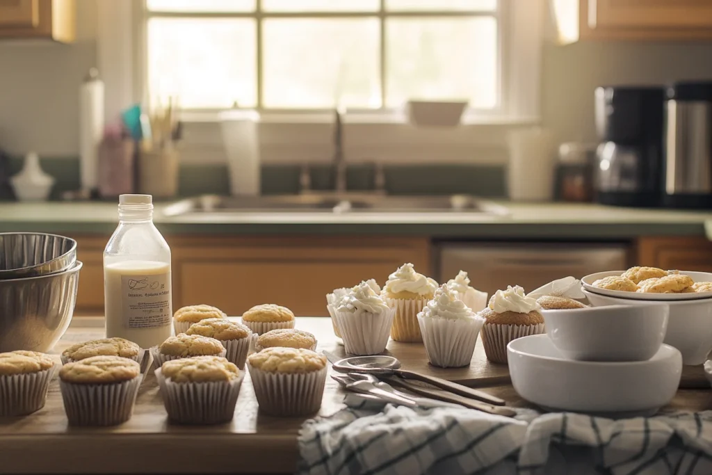 Using Creamer in Baking: Cookies and Cupcakes A baking scene with cupcakes and cookies made using flavored creamer, alongside measuring cups and vanilla creamer in a bottle.