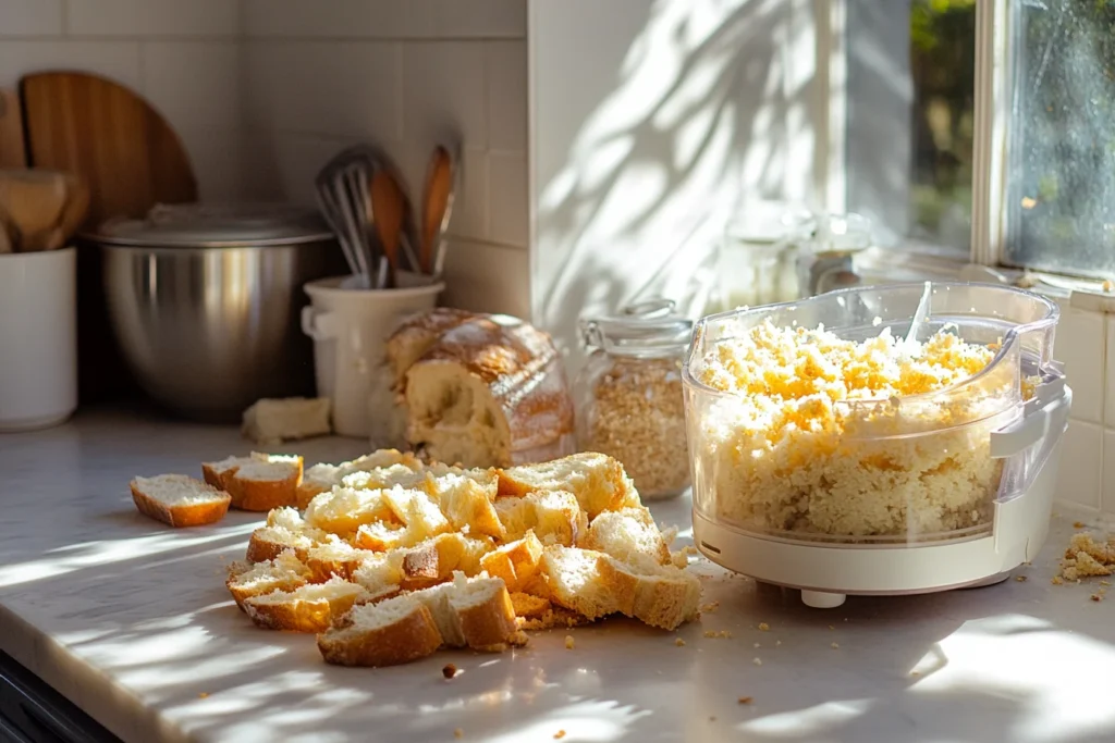 A food processor with pieces of bread being processed into crumbs