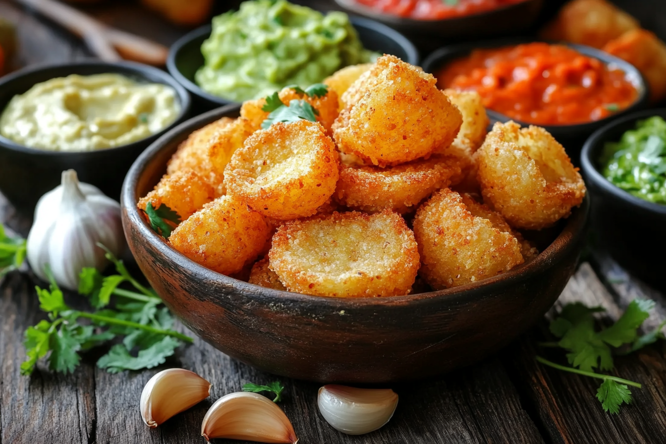 Golden crispy bagel chips served in a bowl, surrounded by dipping sauces like hummus and guacamole, with garlic and herbs.