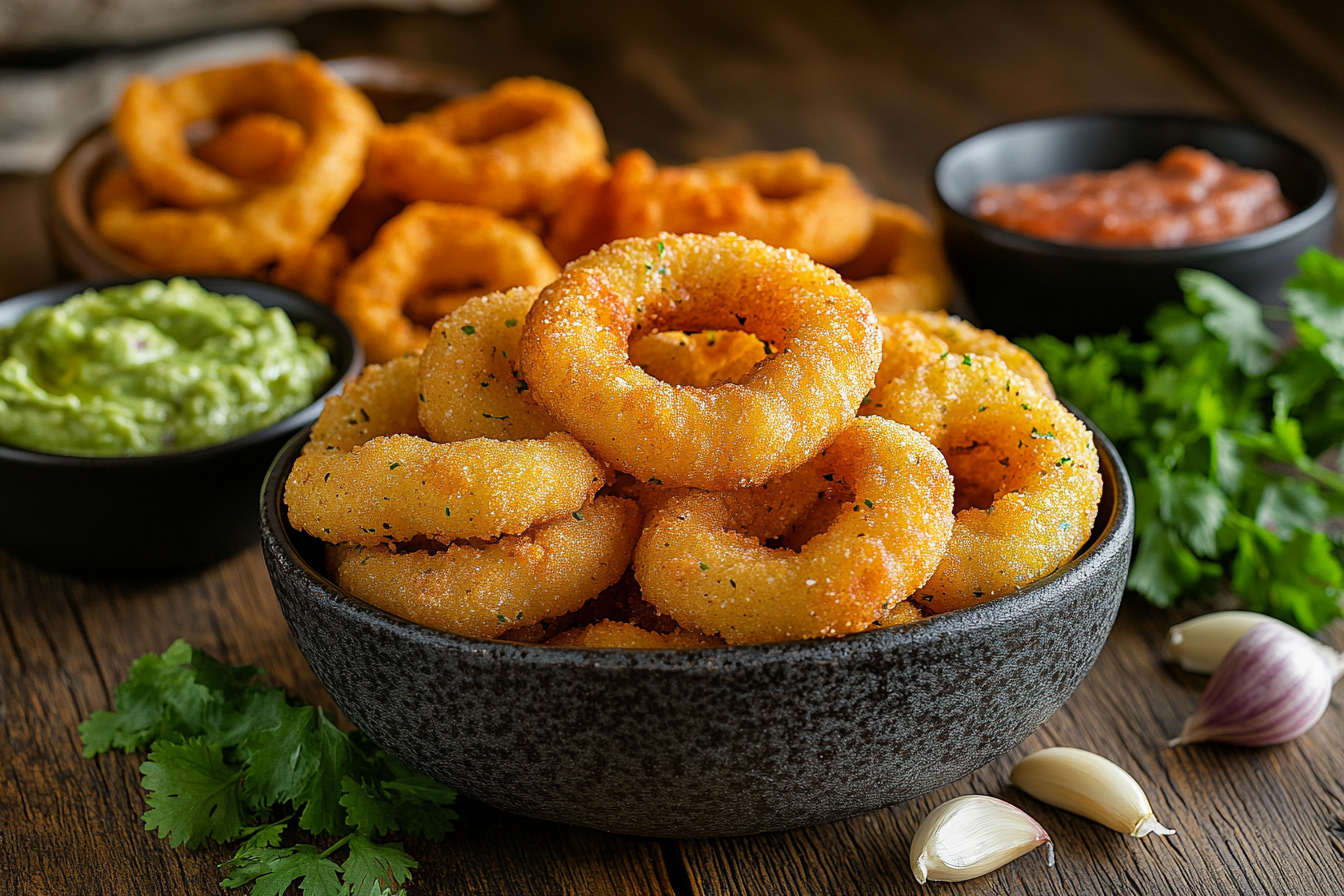 A rustic bowl filled with golden homemade bagel chips surrounded by dipping sauces, fresh garlic, and herbs