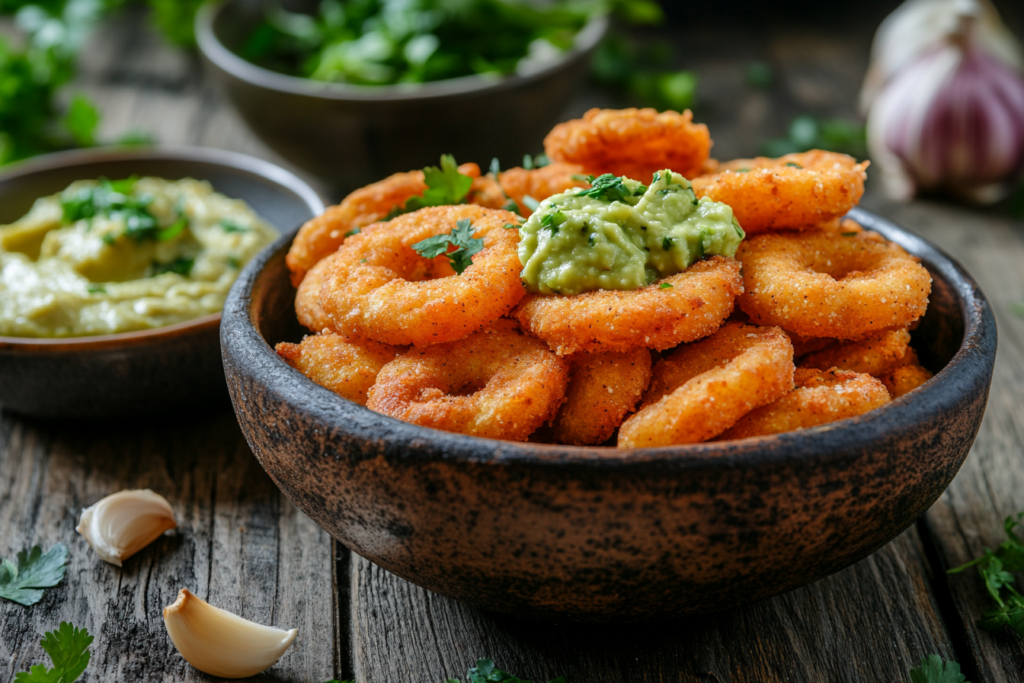 Golden, crispy bagel chips in a rustic bowl surrounded by hummus, guacamole, and fresh herbs on a wooden table