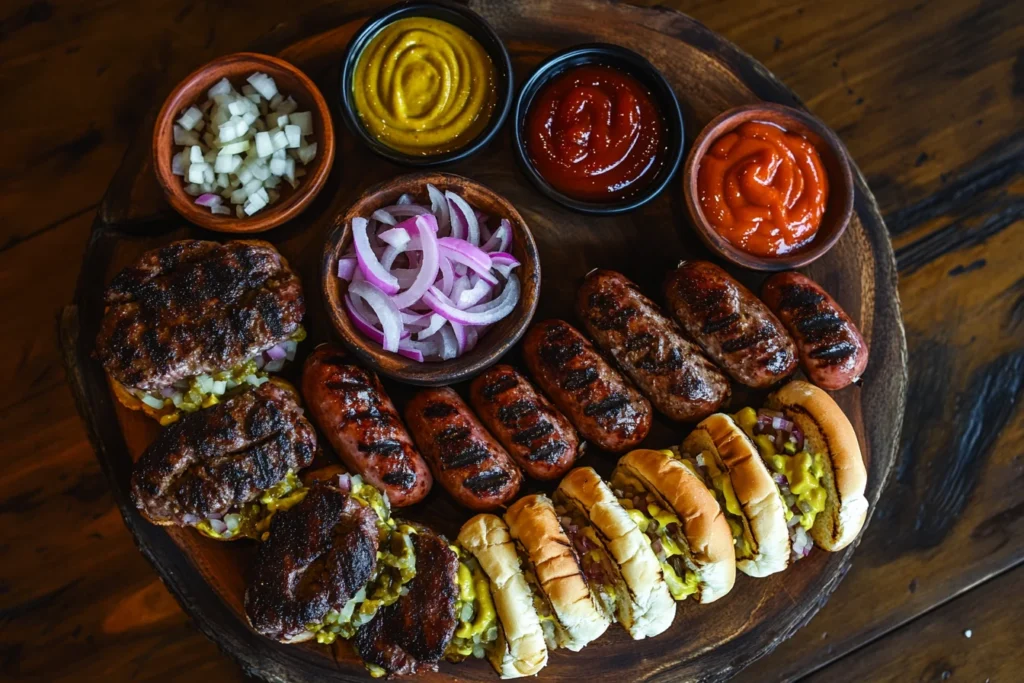 A selection of grilled wieners on buns, topped with mustard, ketchup, onions, and relish, served on a wooden platter.