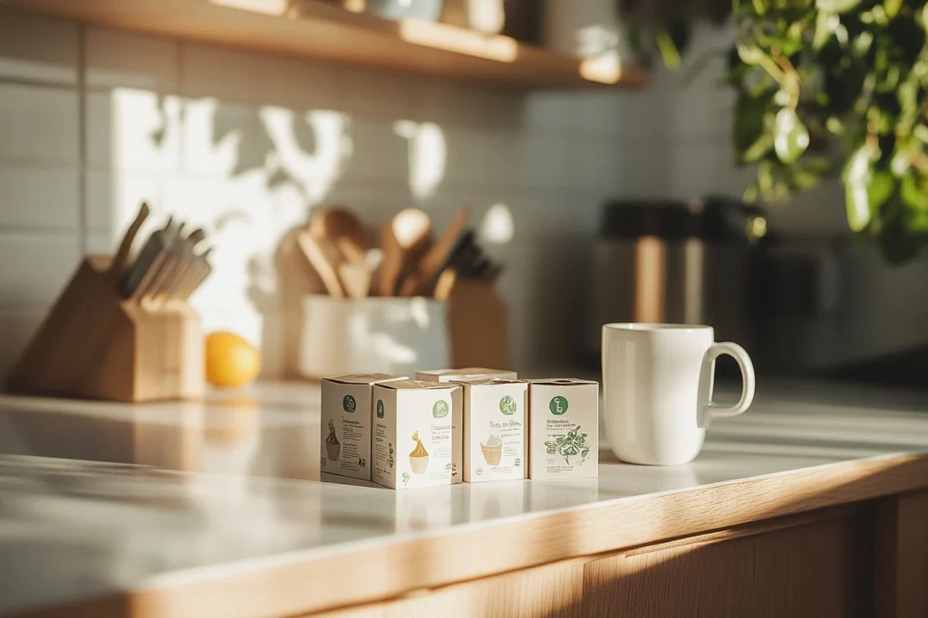 Sustainable Creamer Options and Packaging Eco-friendly creamer cartons labeled organic, next to a coffee cup with recyclable packaging in the background.