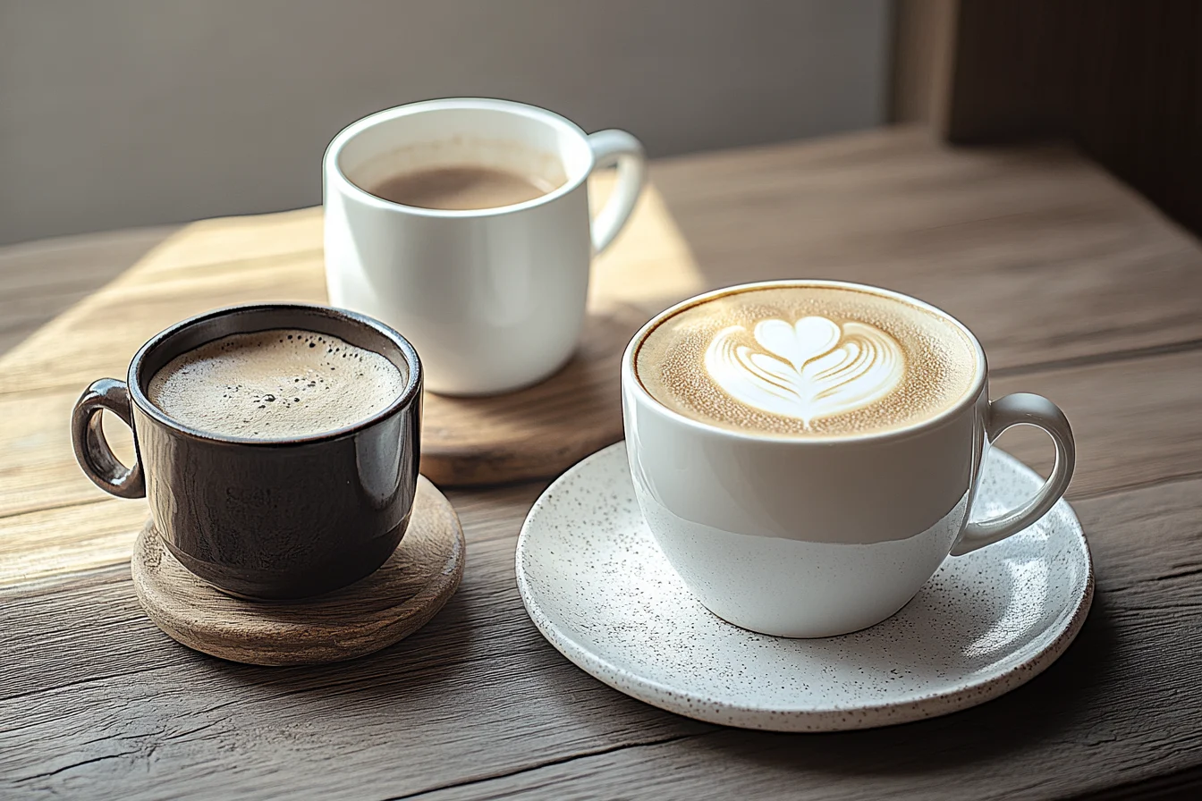 Different types of creamers—dairy, plant-based, and flavored—arranged on a wooden table with a steaming cup of coffee