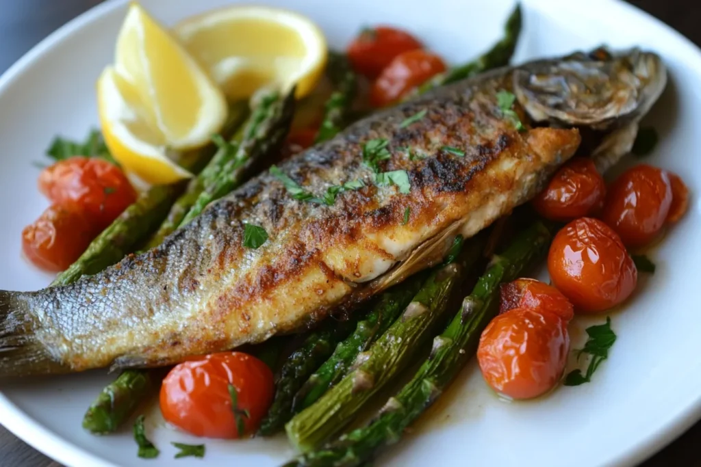 A plate of pan-seared steelhead trout with crispy skin, served with roasted vegetables.