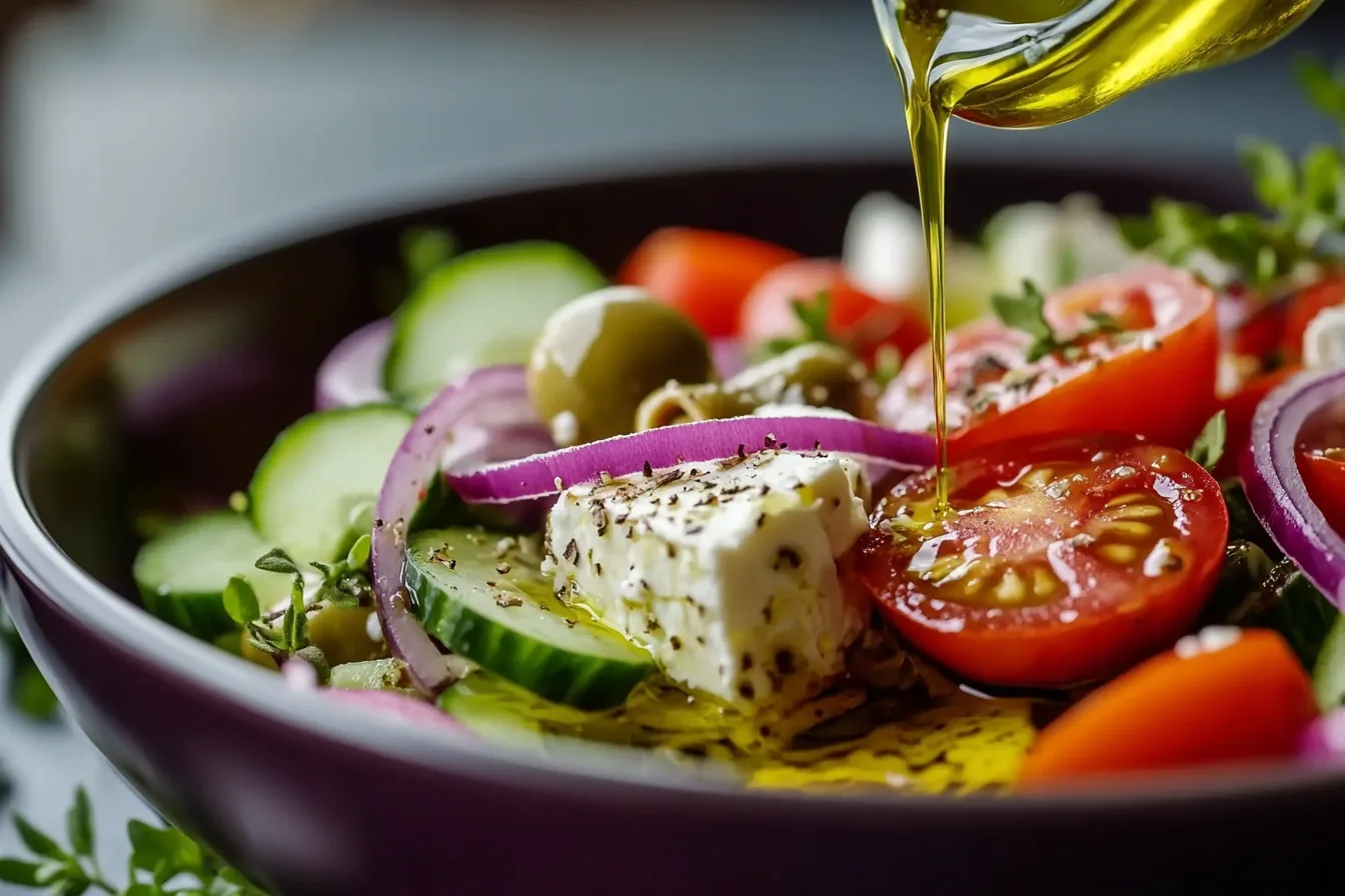 A vibrant Greek salad with tomatoes, cucumbers, onions, olives, and feta cheese.