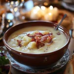 A creamy bowl of potato soup served with crusty bread, salad, crispy bacon, and cheese on a rustic wooden table.