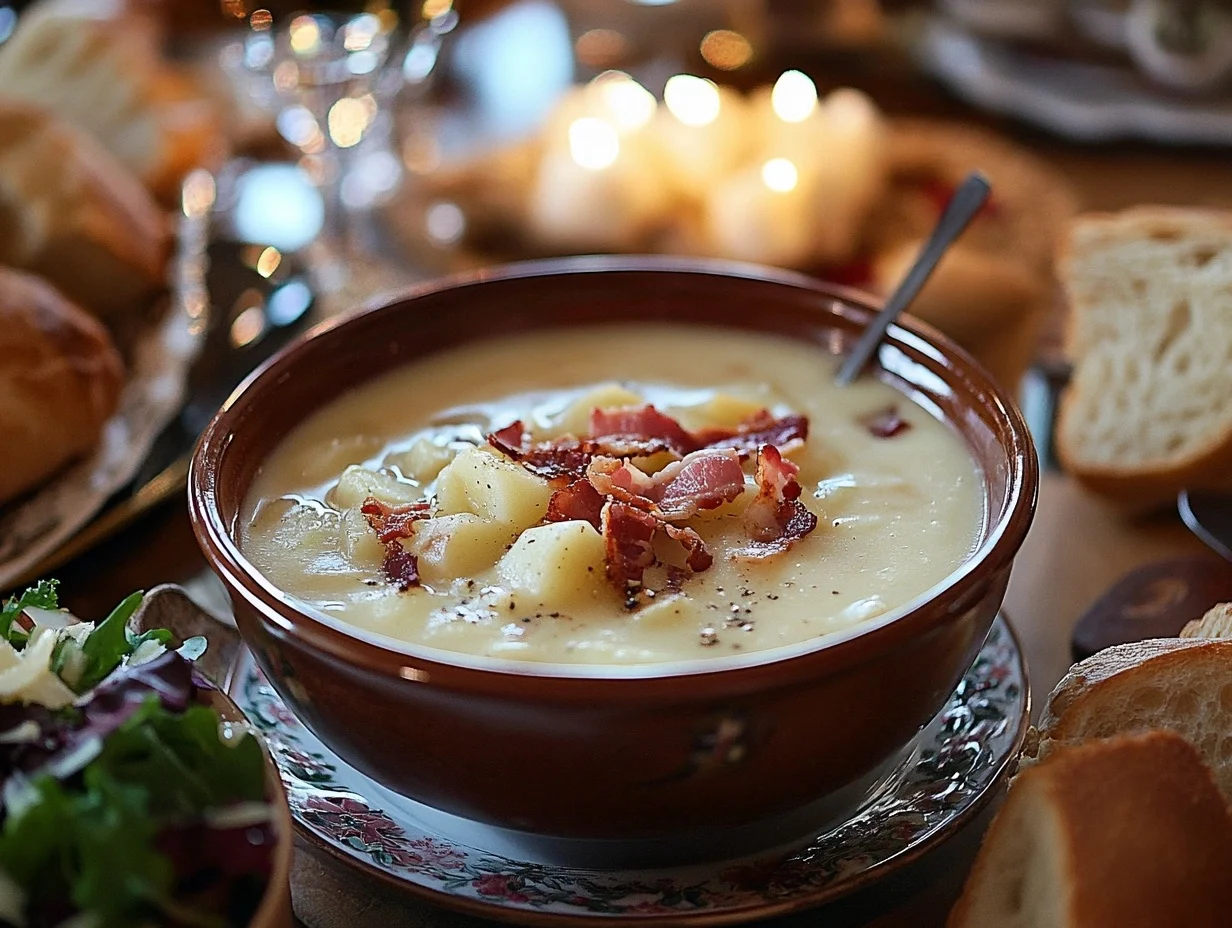 A creamy bowl of potato soup served with crusty bread, salad, crispy bacon, and cheese on a rustic wooden table.