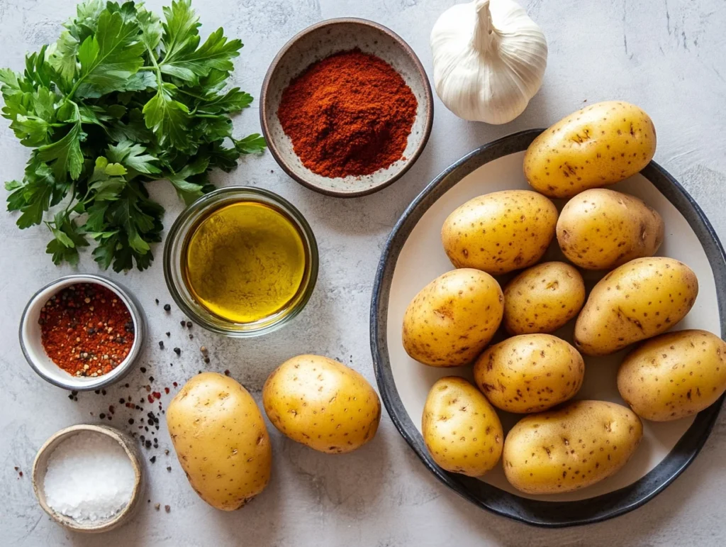  Potatoes, olive oil, salt, and spices laid out for a healthier Wingstop fries recipe