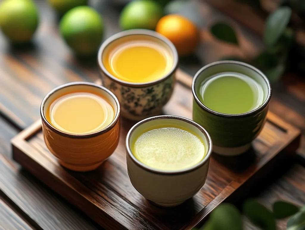 A refreshing assortment of Japanese juices, including Yuzu, Aojiru, and Calpis, served in traditional glasses with fresh ingredients.