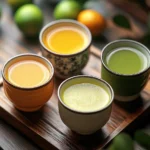 A refreshing assortment of Japanese juices, including Yuzu, Aojiru, and Calpis, served in traditional glasses with fresh ingredients.