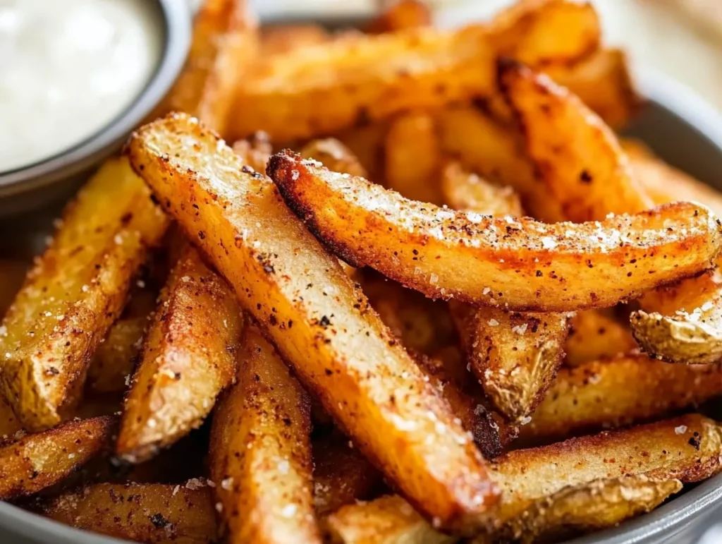 A serving of healthier homemade fries on a plate, seasoned and ready to enjoy