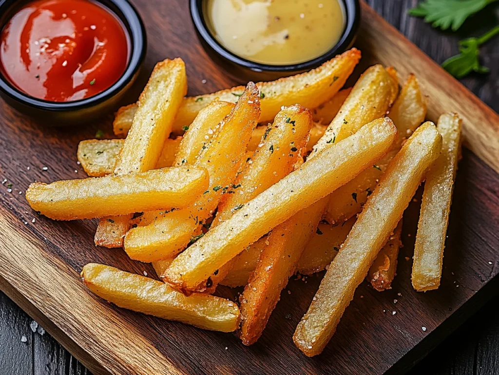 Crispy homemade Wingstop-style fries served with dipping sauces like ranch, BBQ, and honey mustard