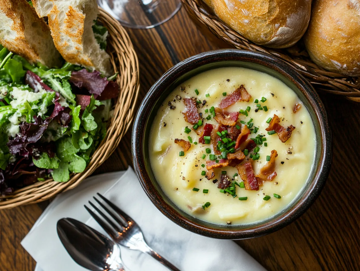 A steaming bowl of creamy potato soup served with fresh salad and crusty bread on a rustic wooden table.