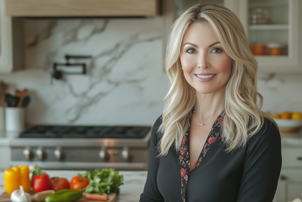 Chef BELLA smiling while preparing a colorful dish in a bright kitchen