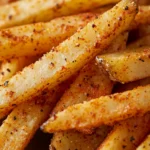 Crispy healthier copycat Wingstop fries seasoned with spices on a white plate