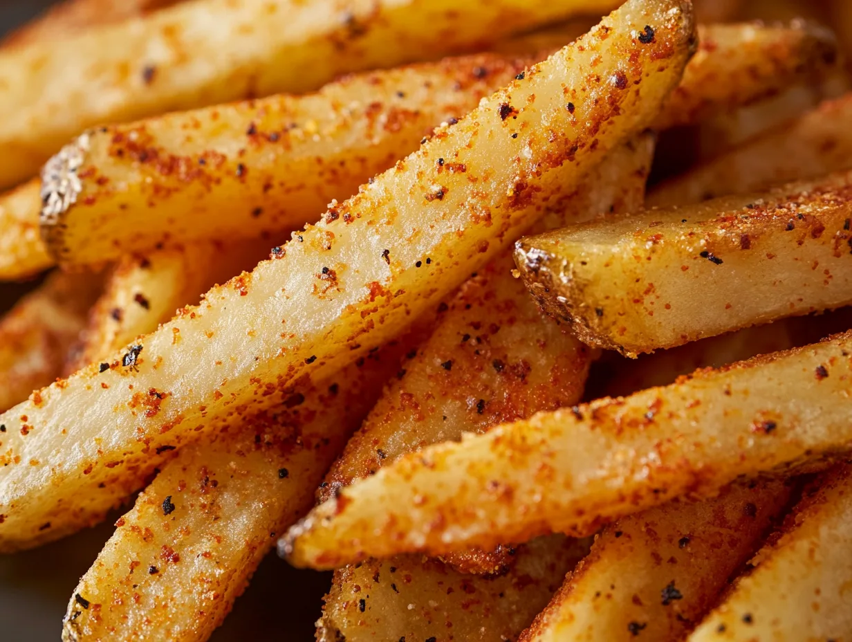 Crispy healthier copycat Wingstop fries seasoned with spices on a white plate