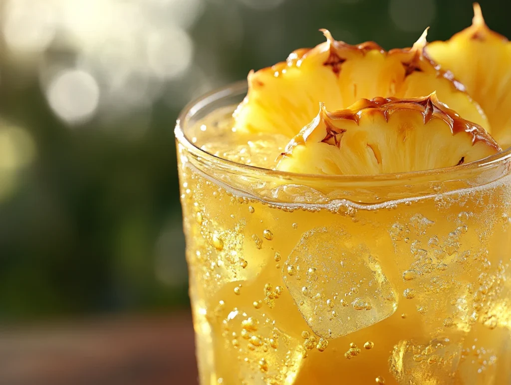 A refreshing glass of Dole Pineapple Juice with fresh pineapple slices on a wooden table.