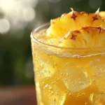 A refreshing glass of Dole Pineapple Juice with fresh pineapple slices on a wooden table.